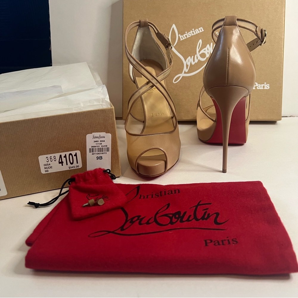 NWT Authentic Christian Louboutin Mariacar 120 Rete/Nappa 9B Strapped Heels